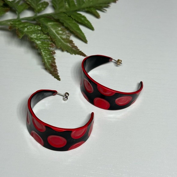 Large Half Moon Red Black Dot Women's Earrings - Picture 3 of 6